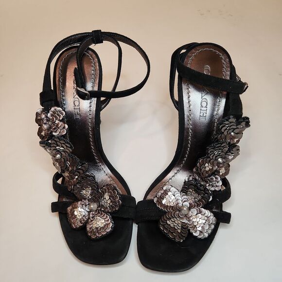 Coach Black Sequin Floral Heels Size 7.5 - Picture 2 of 5